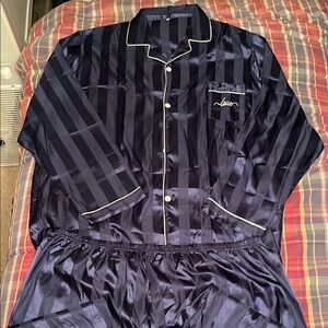 Luxurious satin pajama set. navy stripes white piping.Button-up top chest pocket
